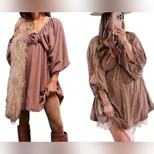 FREE PEOPLE Size Small Pink Velvet Portia Deep V-Neck Puff Sleeve Mini Dress NWT